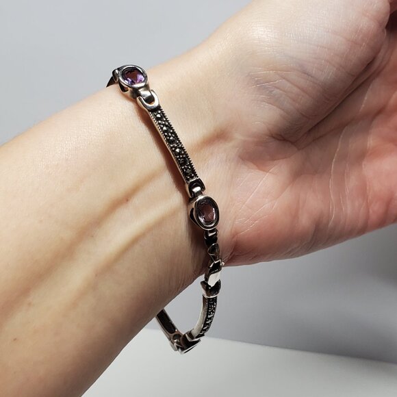Amethyst & Marcasite Sterling Silver chain bracelet - Picture 7 of 12